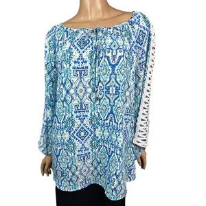 New Directions XL Pullover Blouse Blue & White White Open Lace on Sleeves